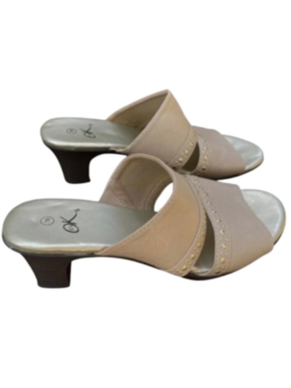 It's Ok NWOT Slip-on Sandals Taupe Fabric with Metal Block Kitten Heel, Size 7